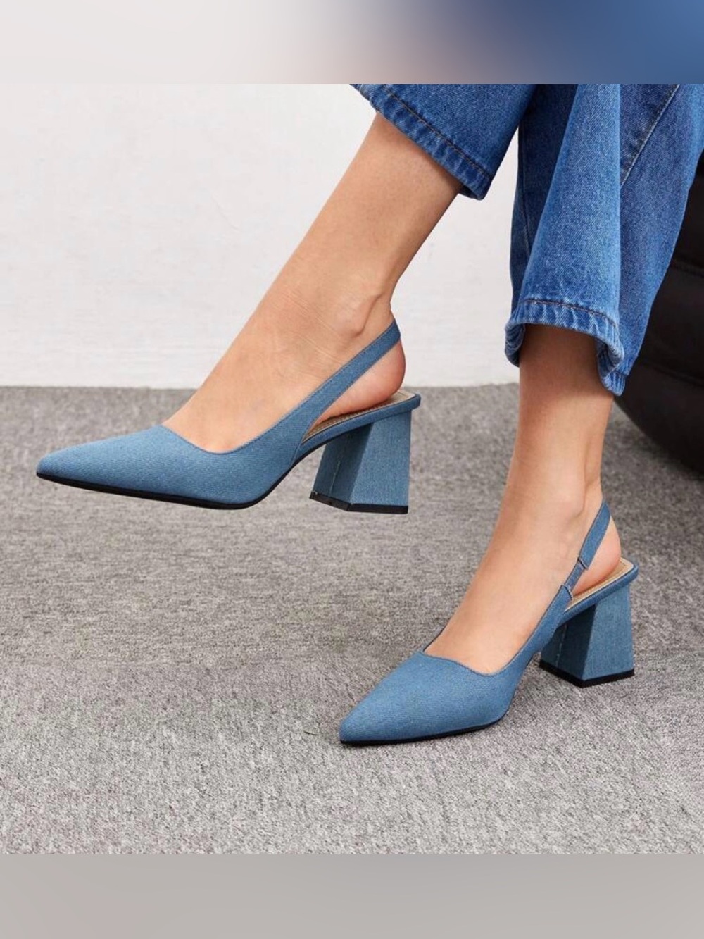 Slingback Pointed-Toe Heels in Light Denim